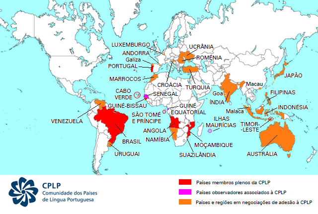 Mapa-múndi com os países membros e com os países e regiões em vias de se tornarem observadores da CPLP: sinal de prestígio da Lusofonia no mundo. 